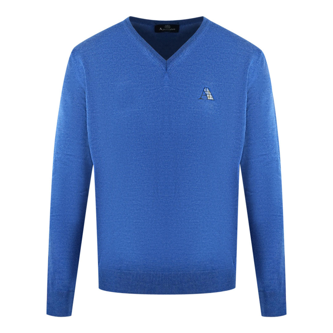 Aquascutum Check A Logo Blue V-Neck Jumper