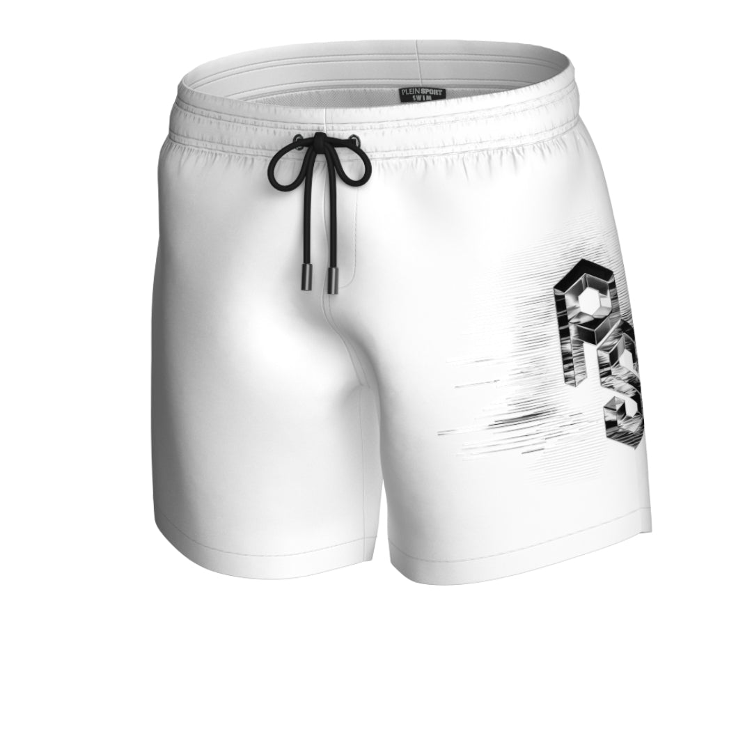 Plein Sport Metallic Logo Medium Boardshort White Swim Shorts