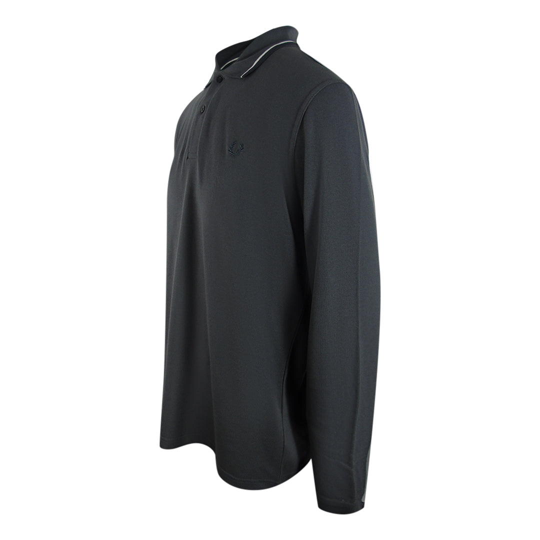 Fred Perry White Twin Tipped Collar Gunmetal Grey Long Sleeve Polo Shirt