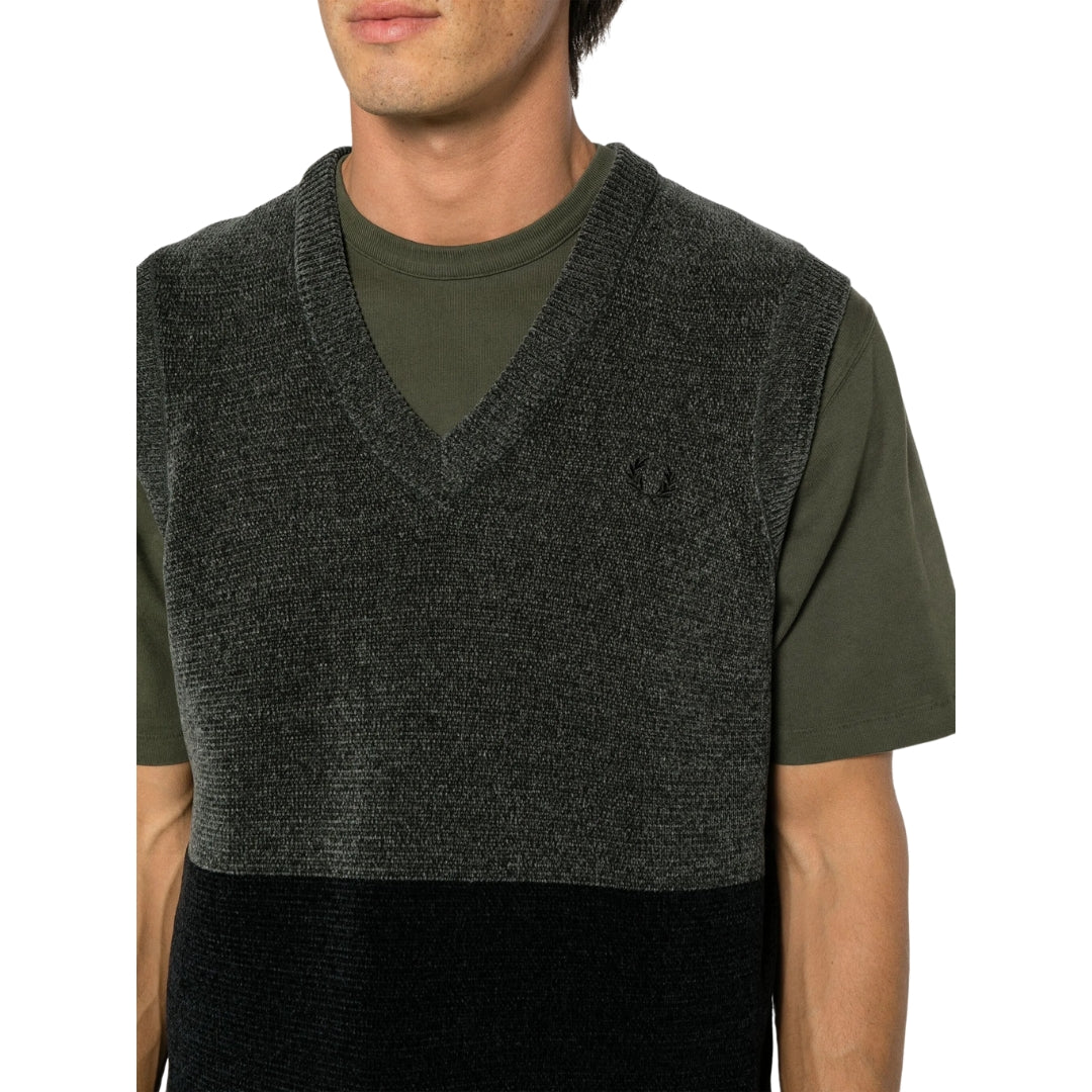 FRED PERRY K6520 638 FIELD GREEN CHENILLE COLOURBLOCK TANK TOP VEST S
