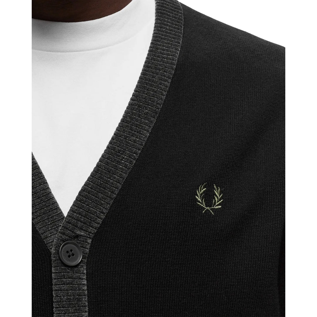 FRED PERRY K6521 102 BLACK CHENILLE PLACKET CARDIGAN S