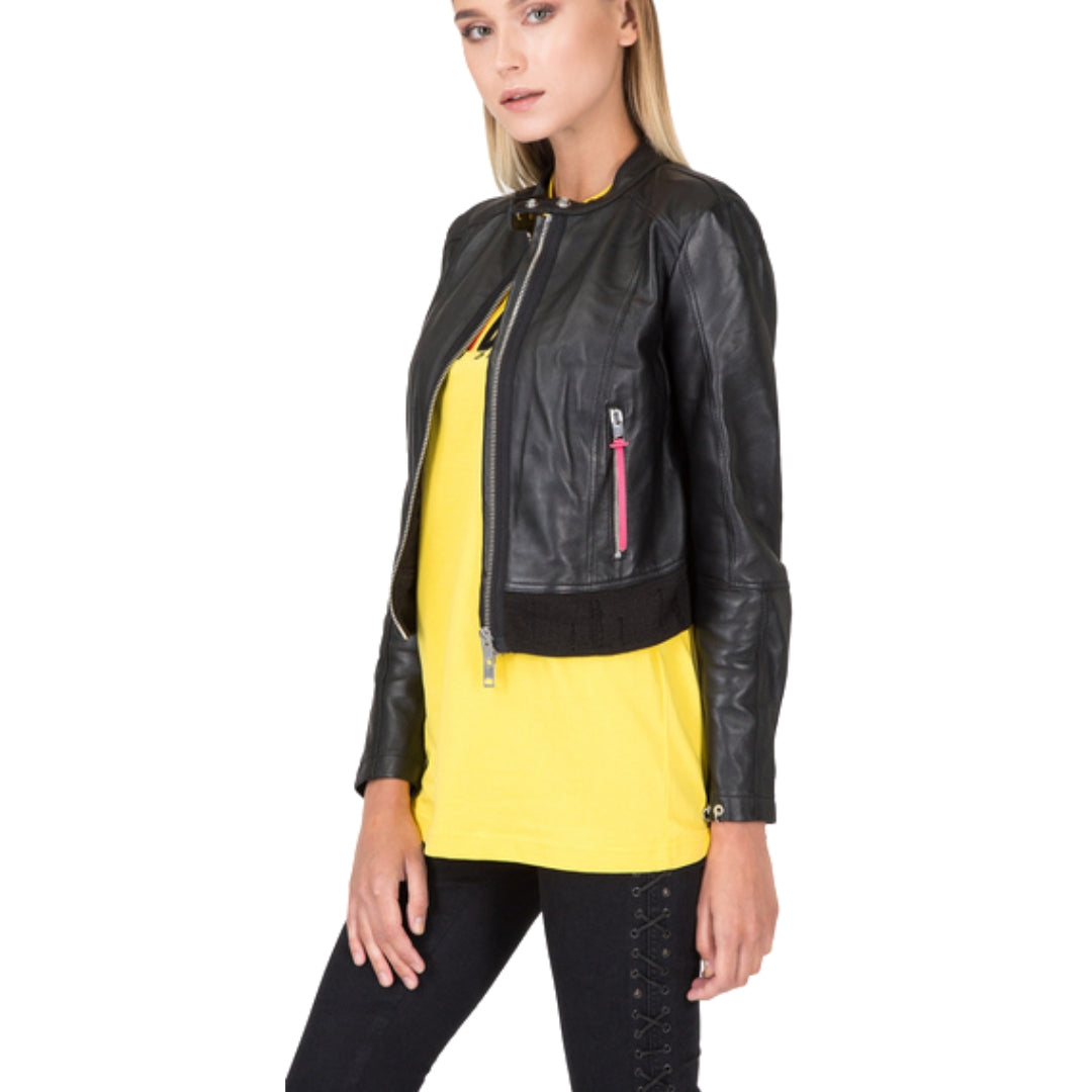 Diesel L-Lyssa-C Black Short Cut Black Leather Jacket