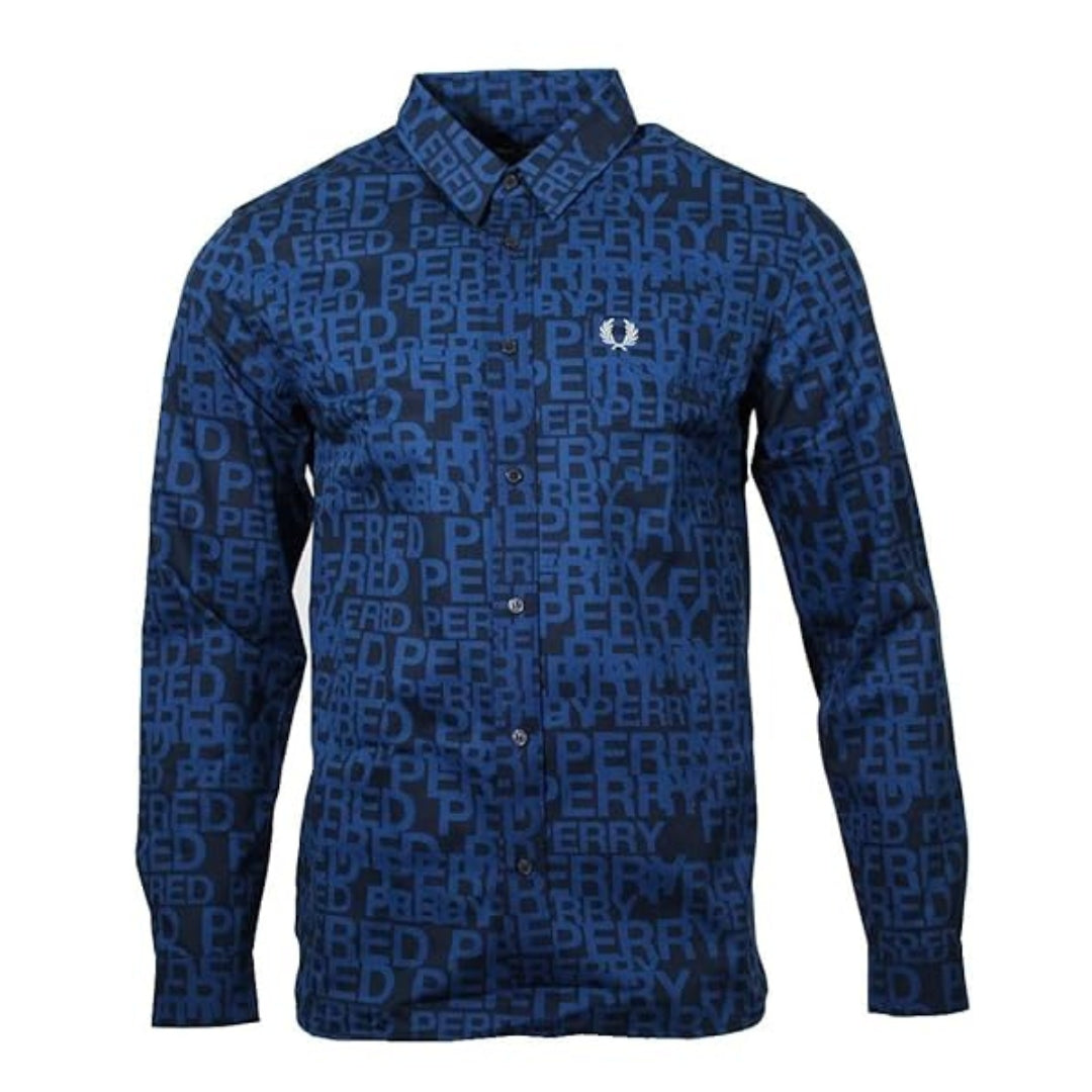 FRED PERRY M6575 R31 SHADED COBALT GRAPHIC TEXT SHIRT XS