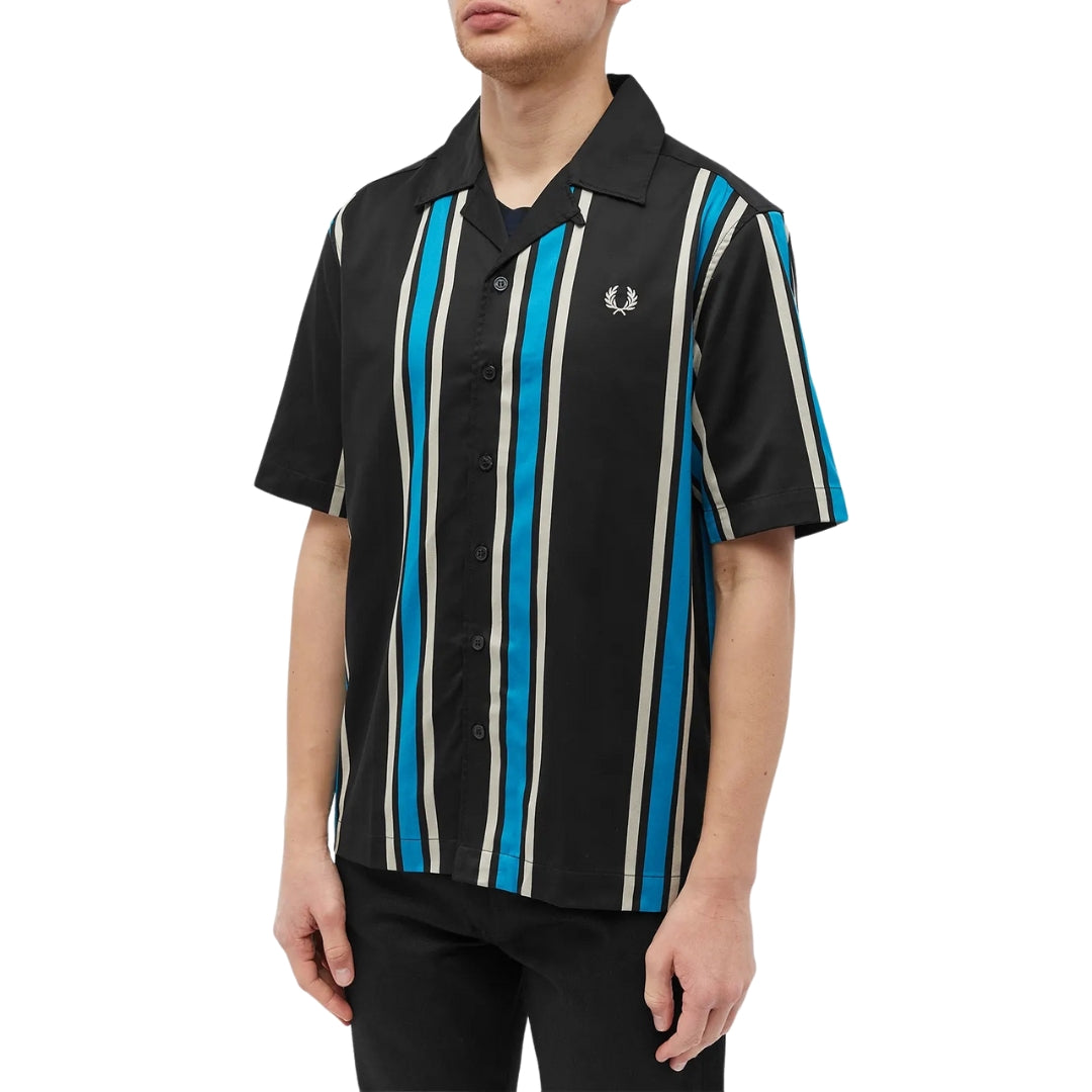 FRED PERRY M6607 102 BLACK STRIPE REVERE COLLAR SHIRT S