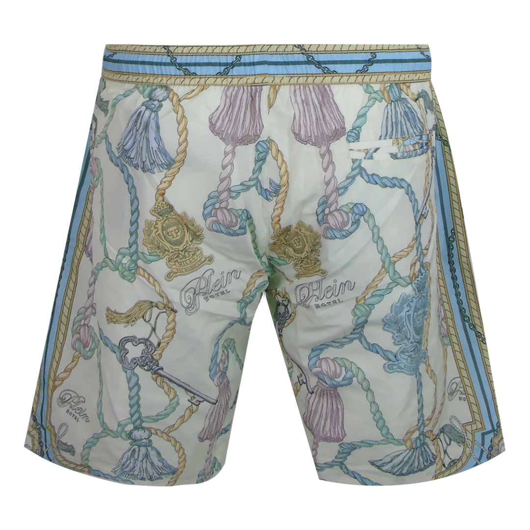 Philipp Plein Tassels Logo Long Boardshort White Swim Shorts L