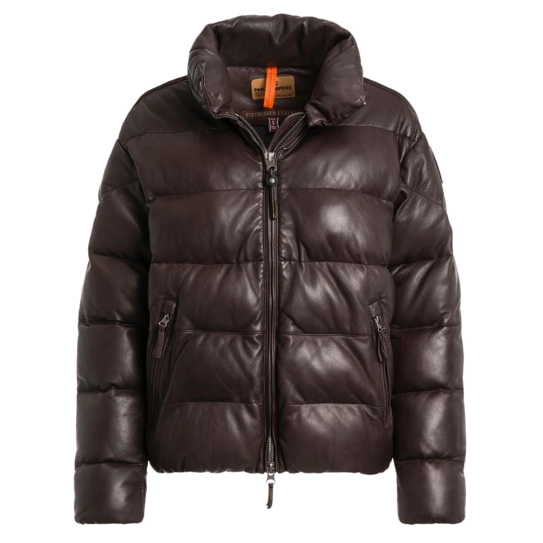 Parajumpers PIA LEATHER PWJKLE30 357 OBSIDION Dark Brown Padded Leather Jacket Womens S