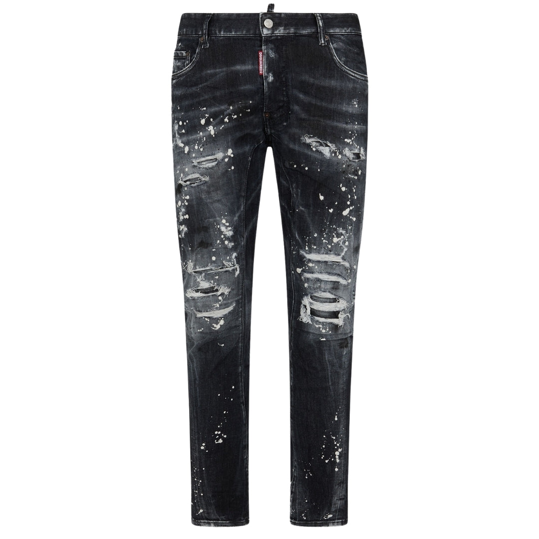 Dsquared2 Tidy Biker Jean Paint Splash Reinforced Ripped Black Jeans