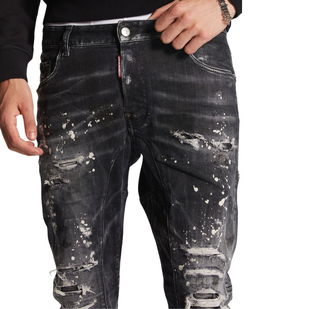 Dsquared2 Tidy Biker Jean Paint Splash Reinforced Ripped Black Jeans