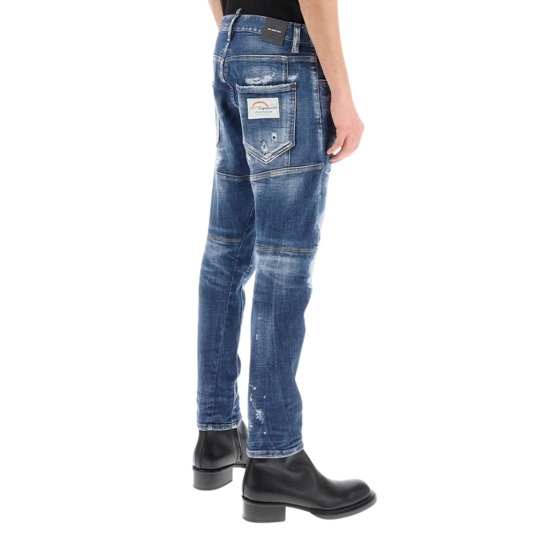 Dsquared2 Tidy Biker Jean Paint Splash Reinforced Ripped Blue Jeans