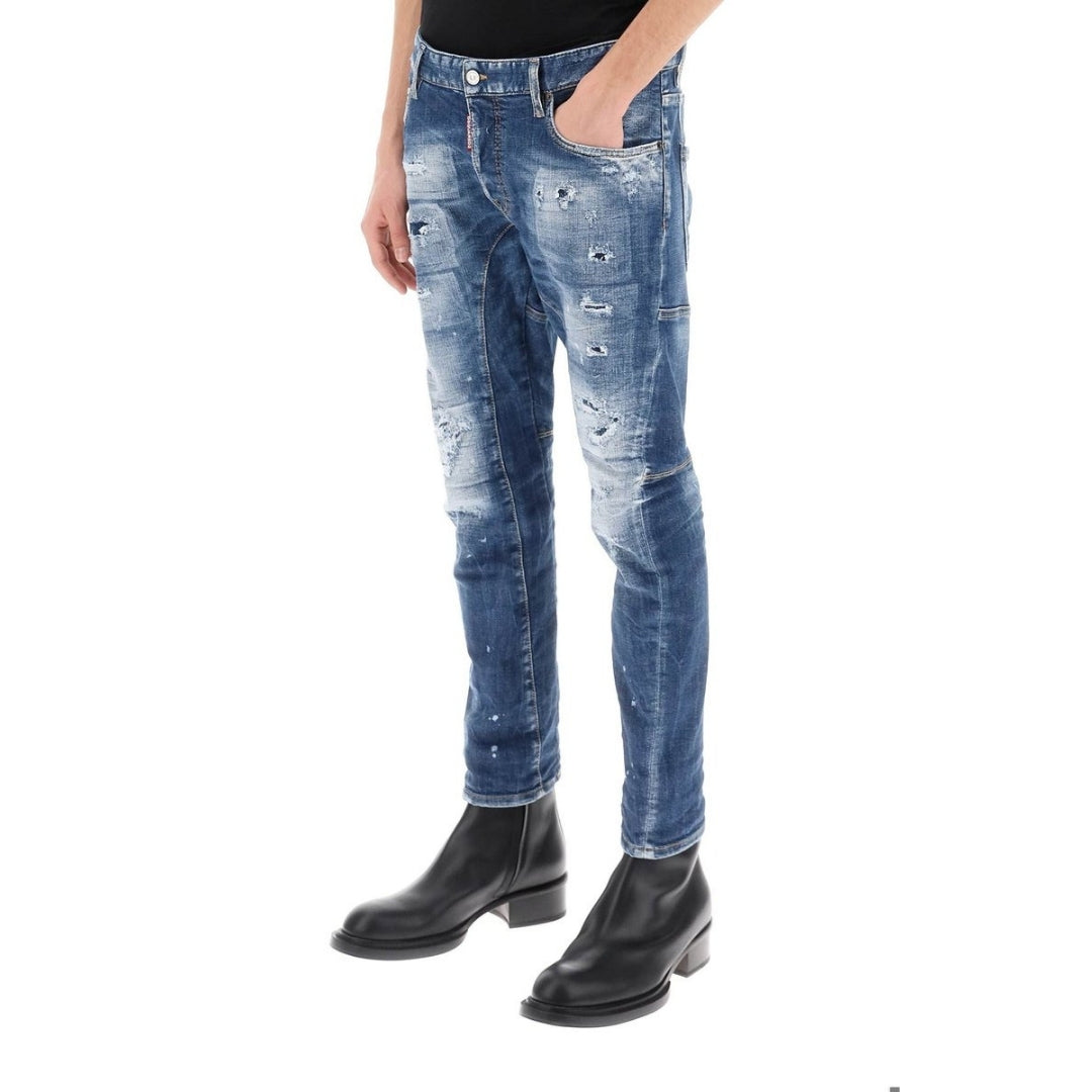 Dsquared2 Tidy Biker Jean Paint Splash Reinforced Ripped Blue Jeans