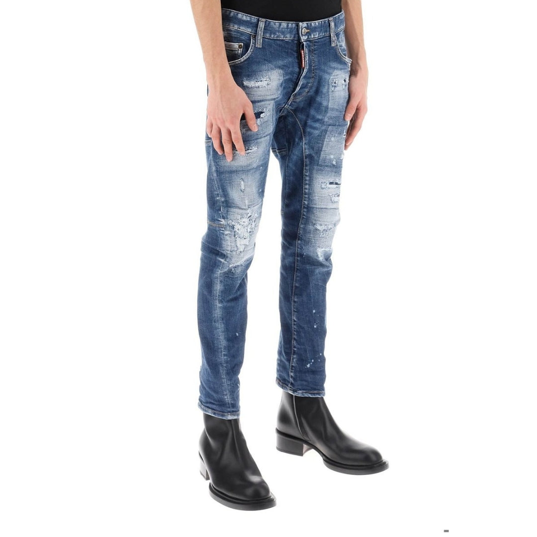 Dsquared2 Tidy Biker Jean Paint Splash Reinforced Ripped Blue Jeans