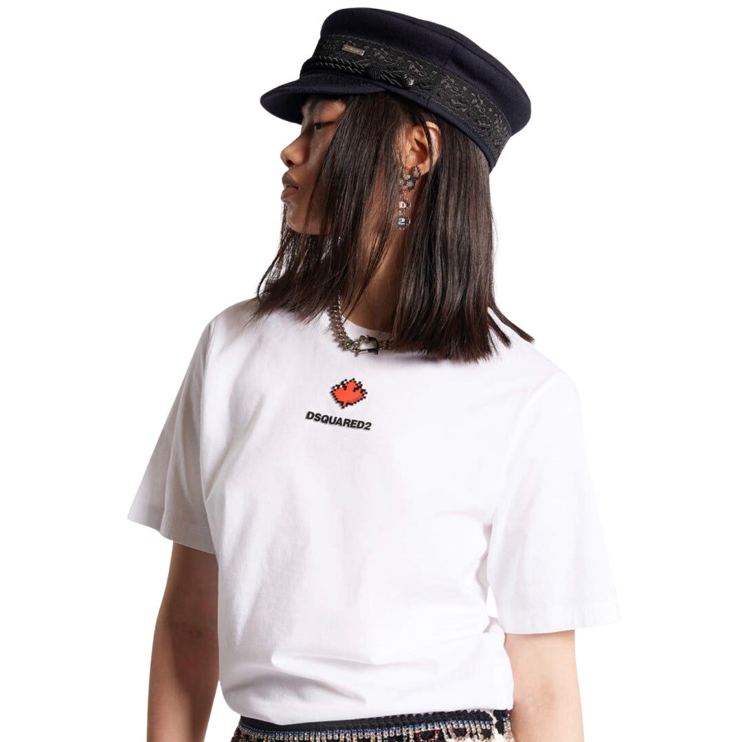 DSQUARED2 Pixel Leaf Logo Print Crew Neck White T-Shirt S