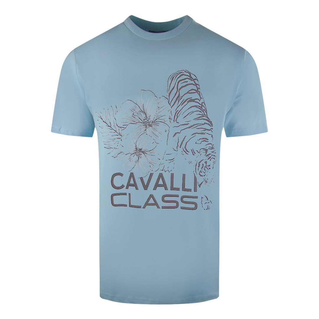 Cavalli Class Floral Tiger Design Light Blue T-Shirt