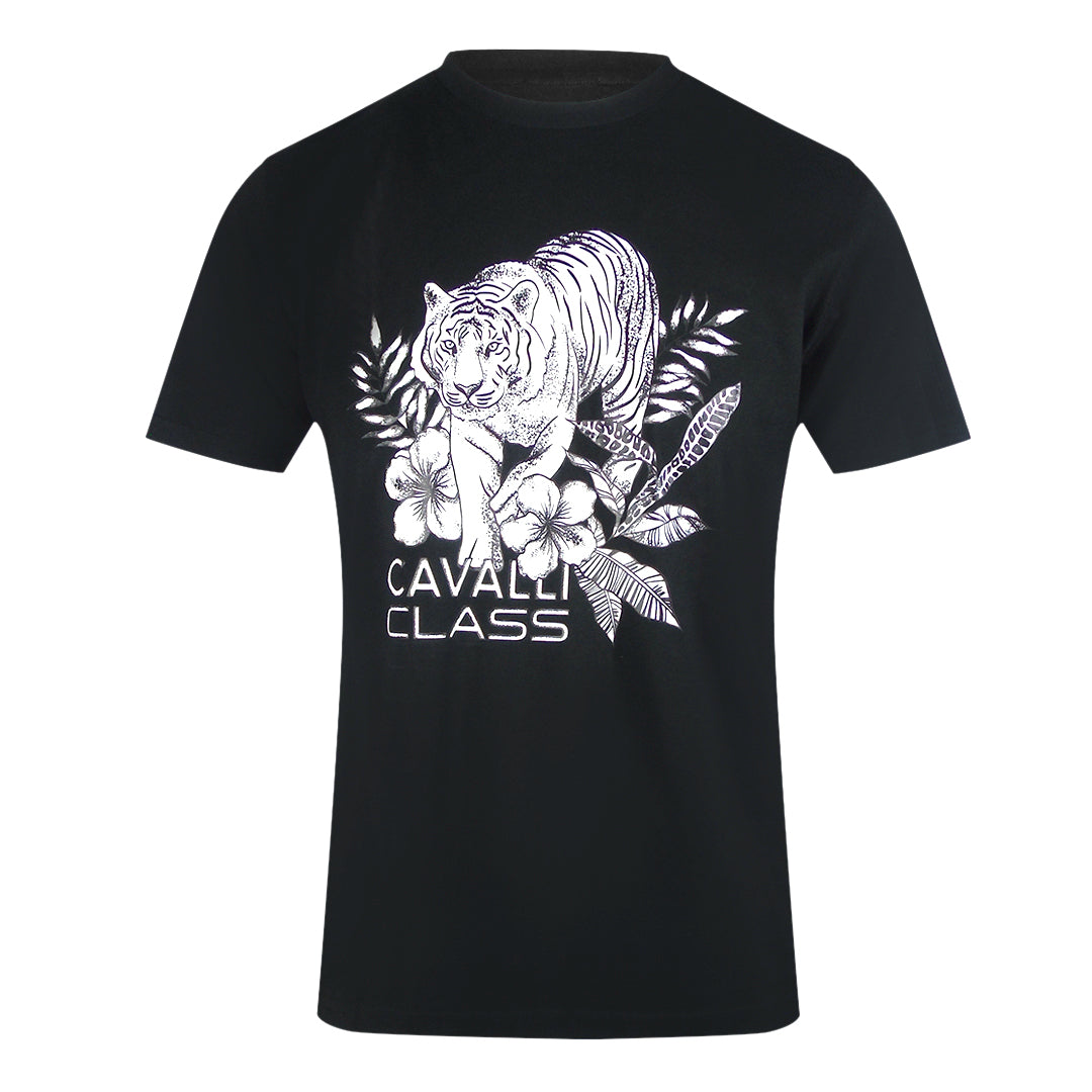 Cavalli Class Tiger Floral Logo Black T-Shirt