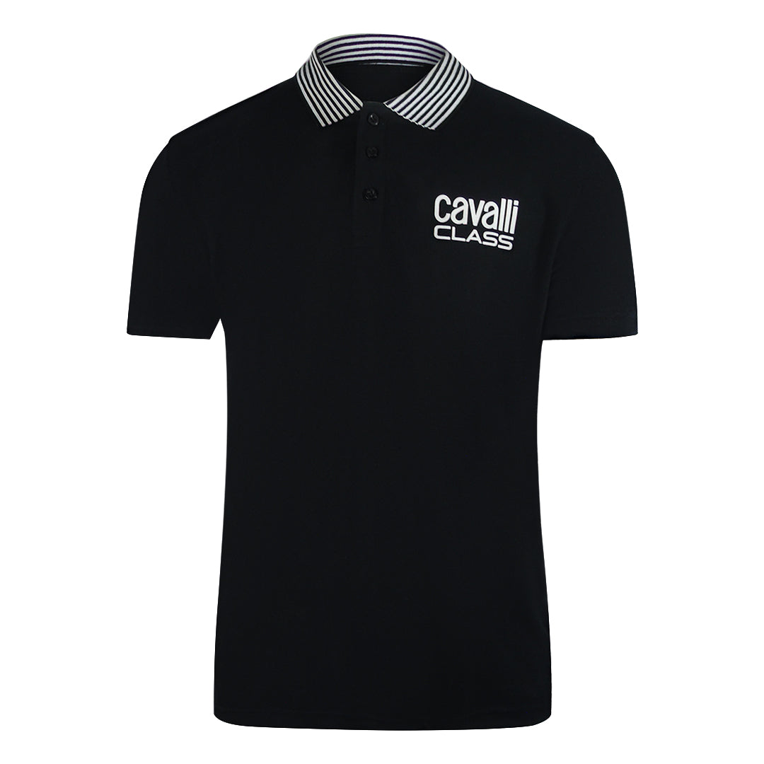 Cavalli Class Striped Collar Black Polo Shirt