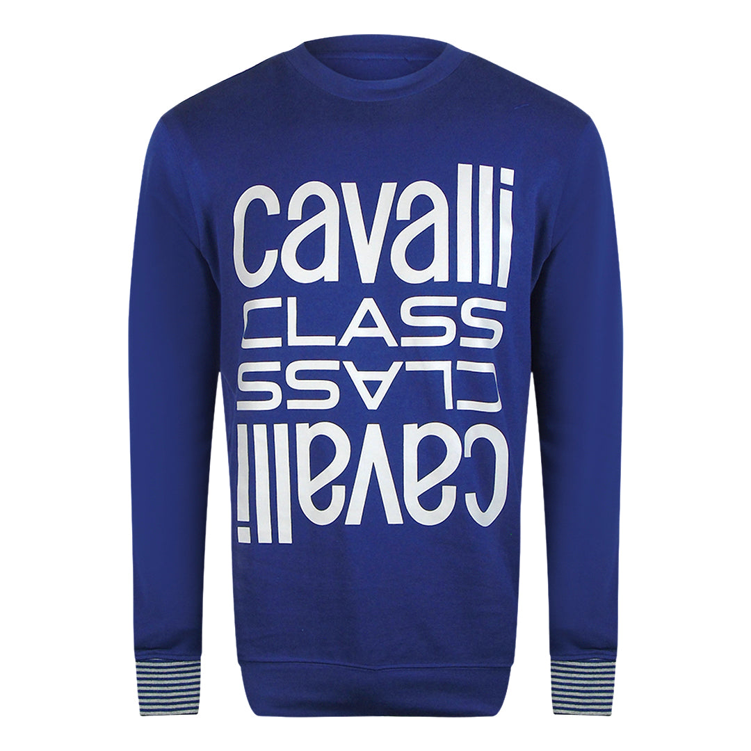 Cavalli Class Bold Multi Logo Iris Blue Round Neck Sweatshirt