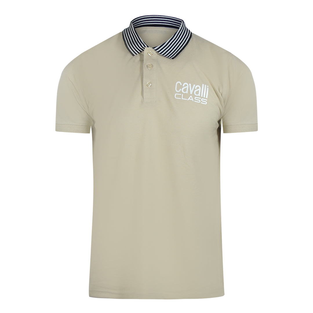 Cavalli Class Striped Collar Beige Polo Shirt