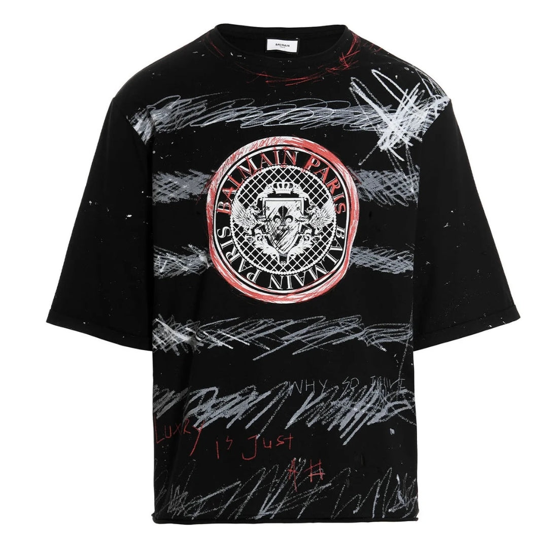 BALMAIN YU1EG035GB82 Balmain Paris Graffiti Coin Logo Black T-Shirt EBE BLACK T-SHIRT MALE S