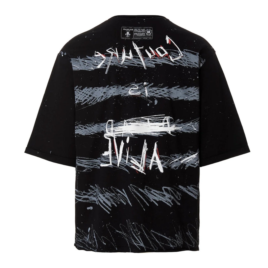 BALMAIN YU1EG035GB82 Balmain Paris Graffiti Coin Logo Black T-Shirt EBE BLACK T-SHIRT MALE S