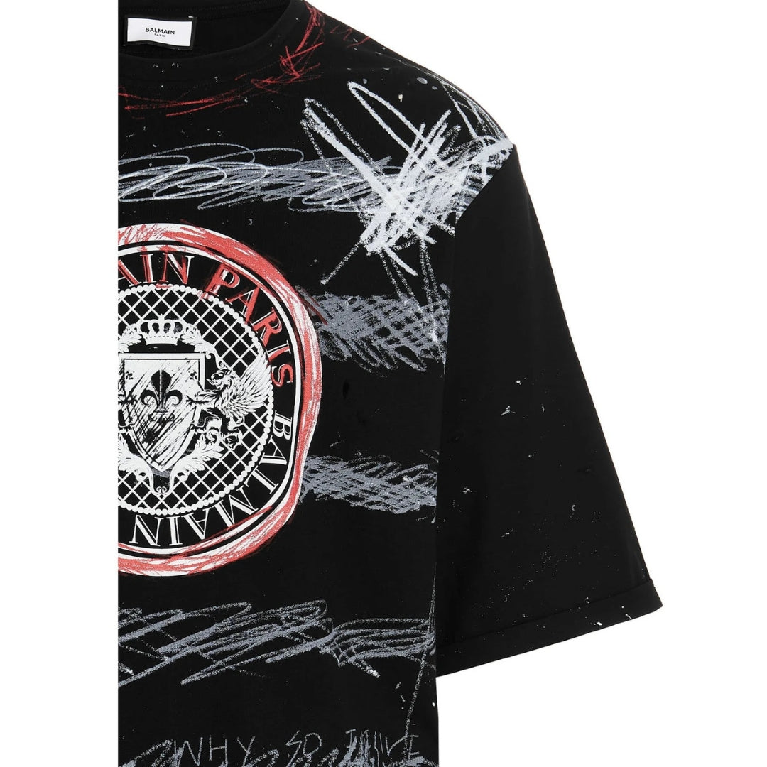 BALMAIN YU1EG035GB82 Balmain Paris Graffiti Coin Logo Black T-Shirt EBE BLACK T-SHIRT MALE S