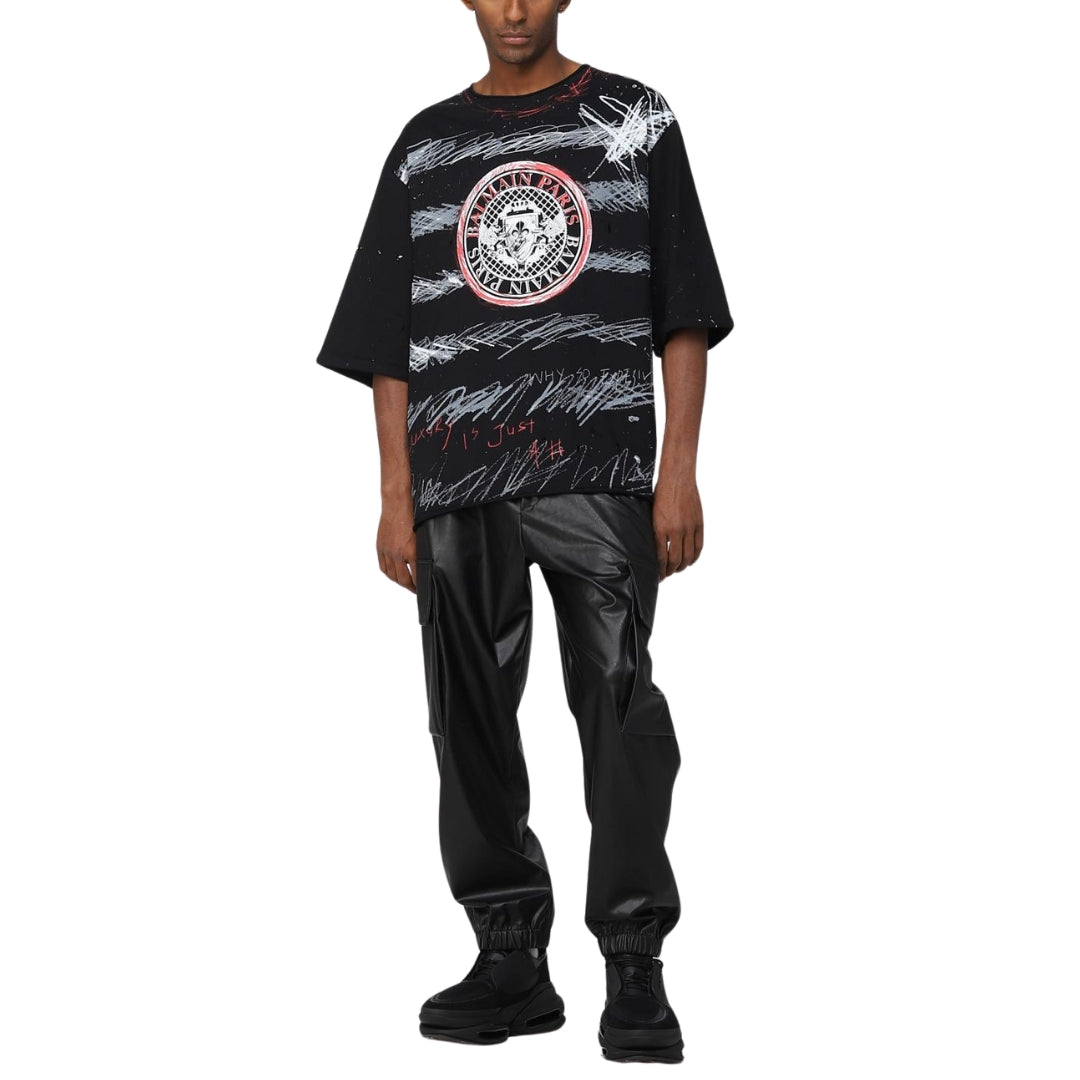 BALMAIN YU1EG035GB82 Balmain Paris Graffiti Coin Logo Black T-Shirt EBE BLACK T-SHIRT MALE S