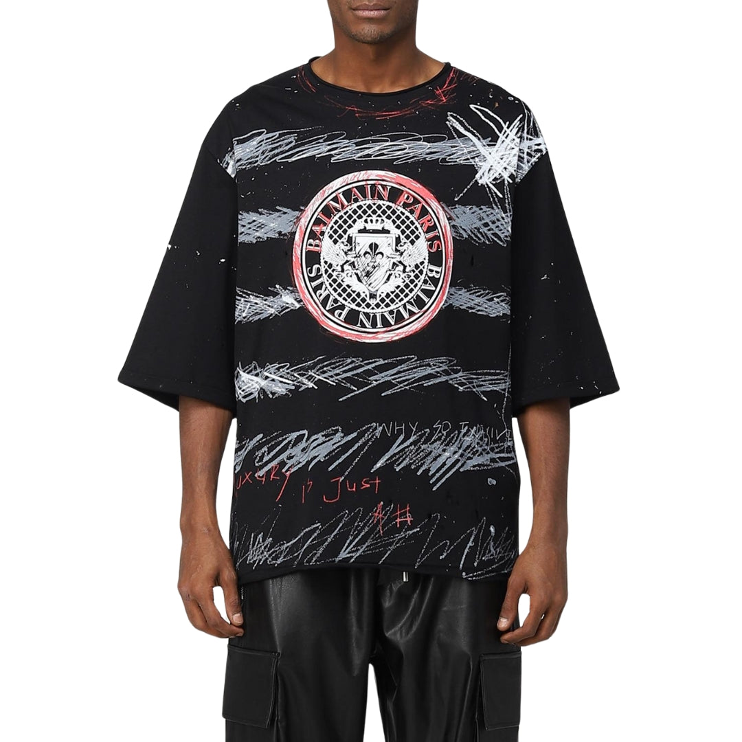 BALMAIN YU1EG035GB82 Balmain Paris Graffiti Coin Logo Black T-Shirt EBE BLACK T-SHIRT MALE S