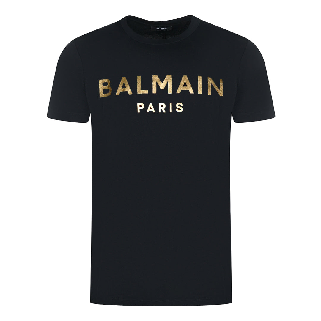 Balmain Paris Logo In Gold Black T-Shirt