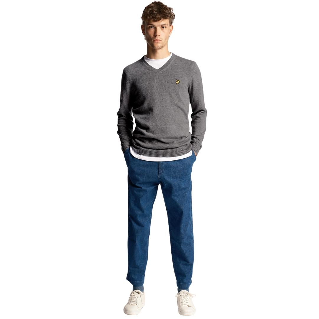 Lyle & Scott Cotton Merino Mid Grey Marl V-Neck Jumper