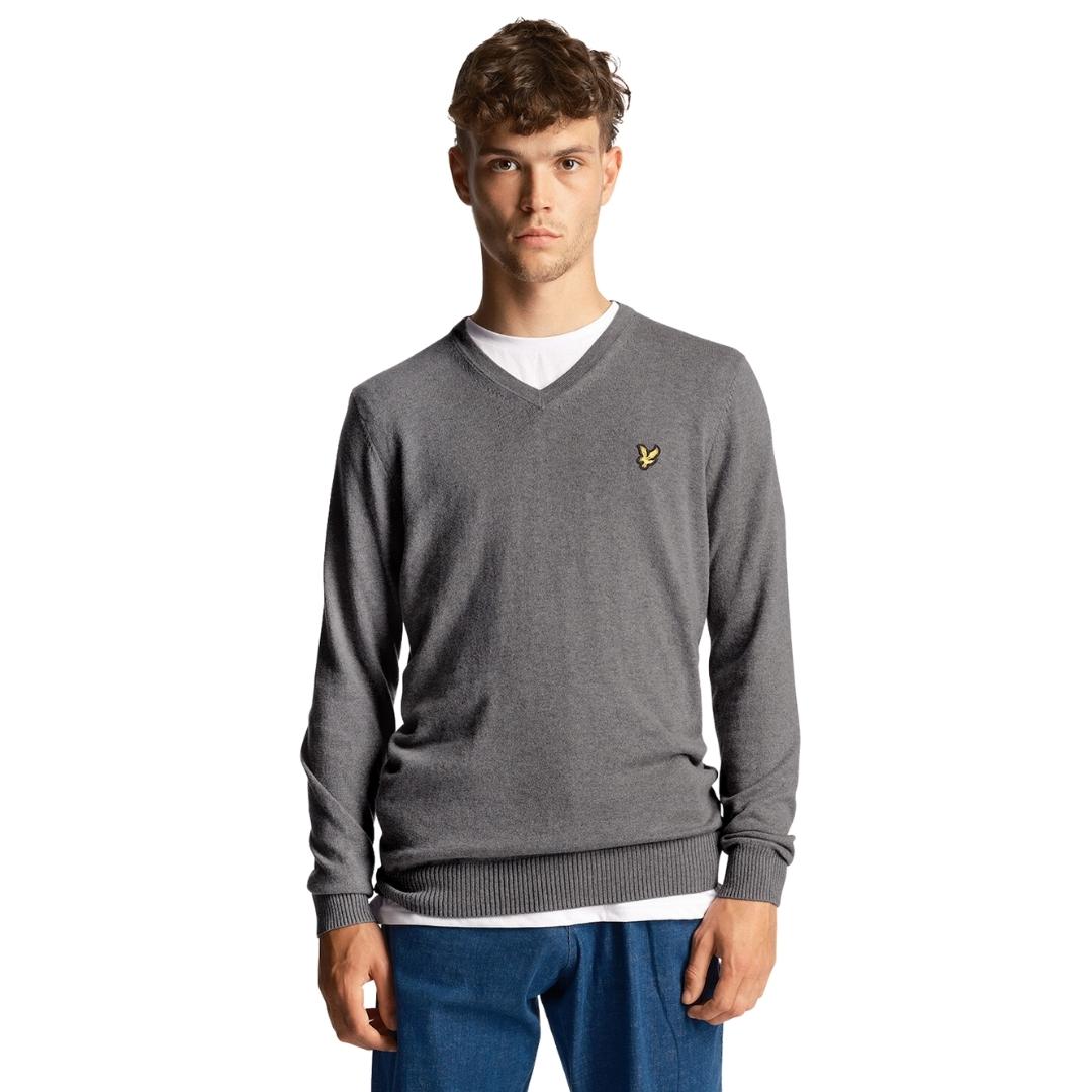 Lyle & Scott Cotton Merino Mid Grey Marl V-Neck Jumper