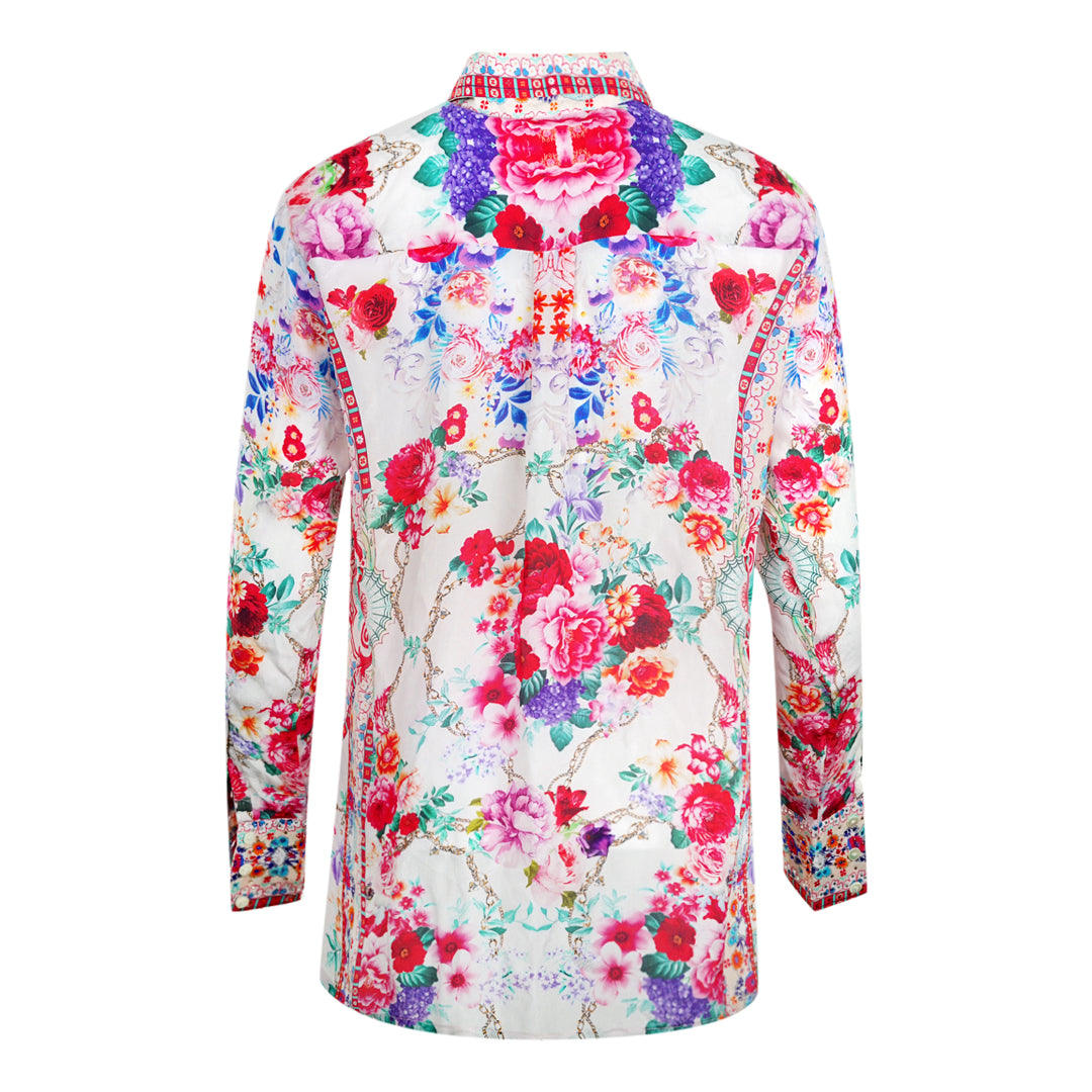 Inoa Rosetto Gardenia White Floral Long Sleeve Blouse Silk Shirt