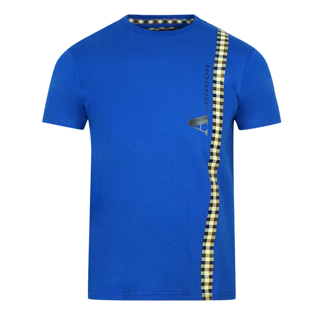 Aquascutum Vertical Check Logo Blue T Shirt