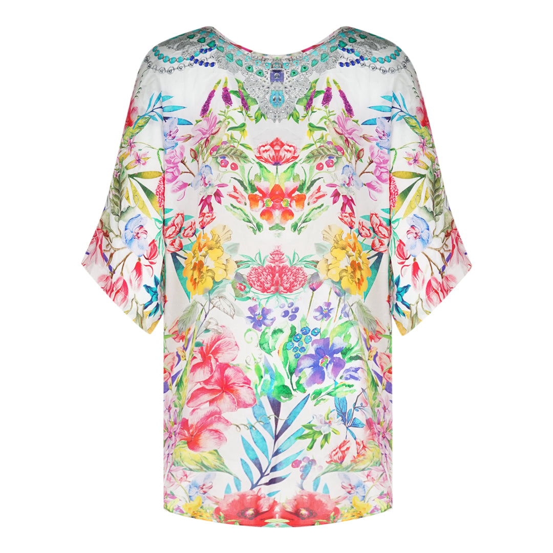 Inoa White Floral Multicoloured Long Sleeve Silk Fish Top