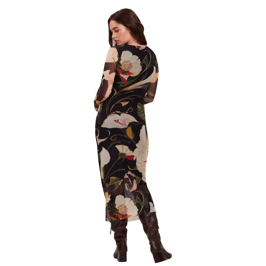 Ted Baker Printed Mesh Bodycon Gathered Midi Dress