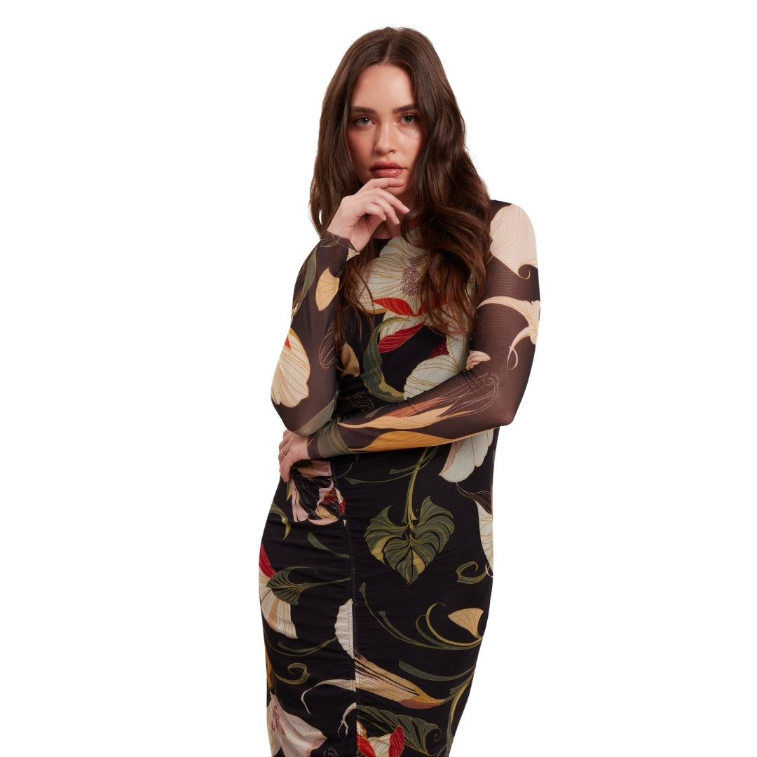 Ted Baker Printed Mesh Bodycon Gathered Midi Dress