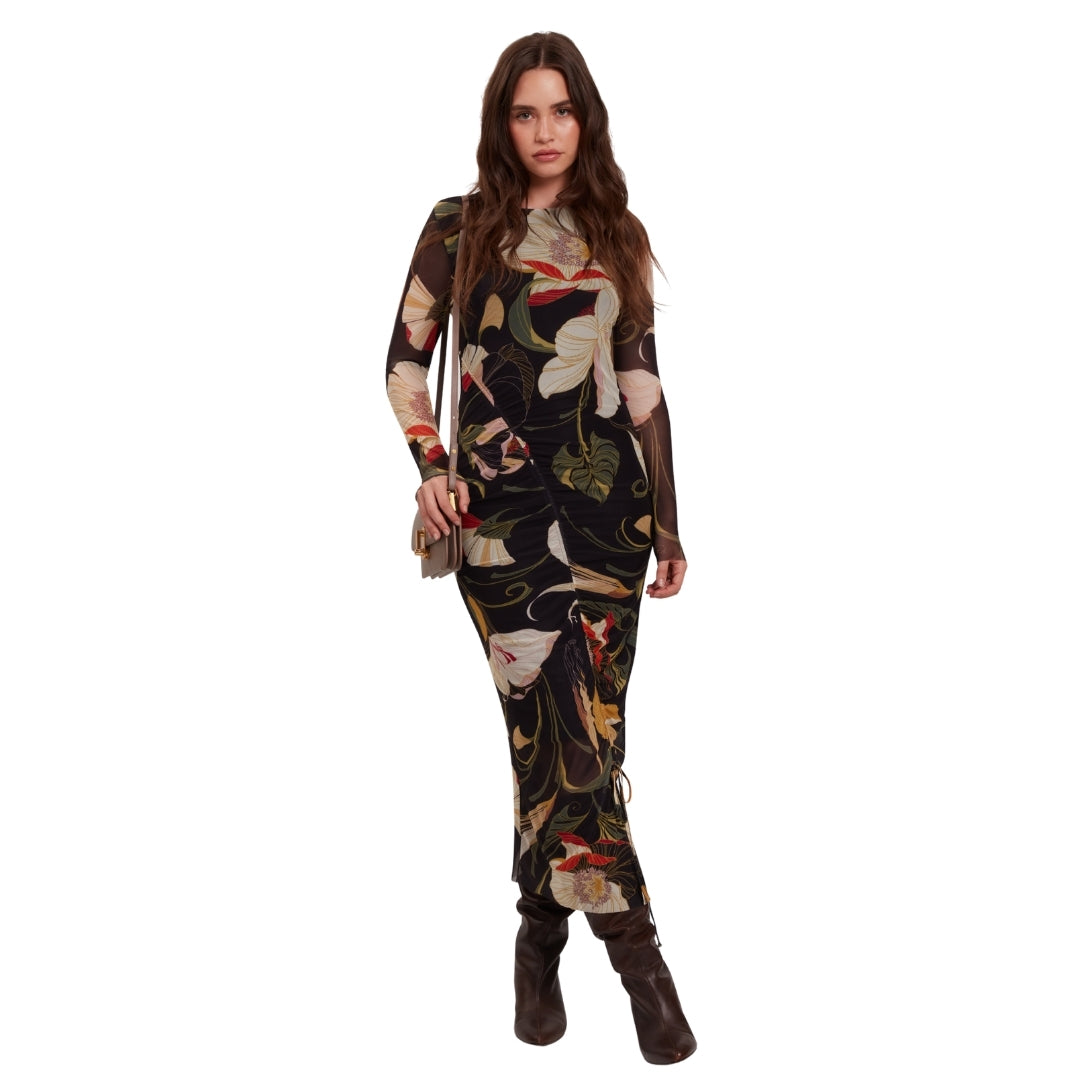 Ted Baker Printed Mesh Bodycon Gathered Midi Dress