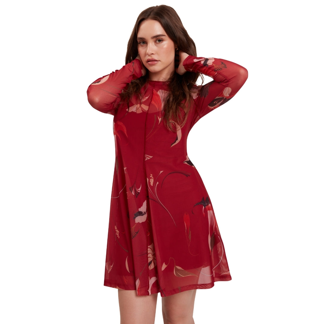 Ted Baker Mesh Long Sleeve Printed Midi Dress