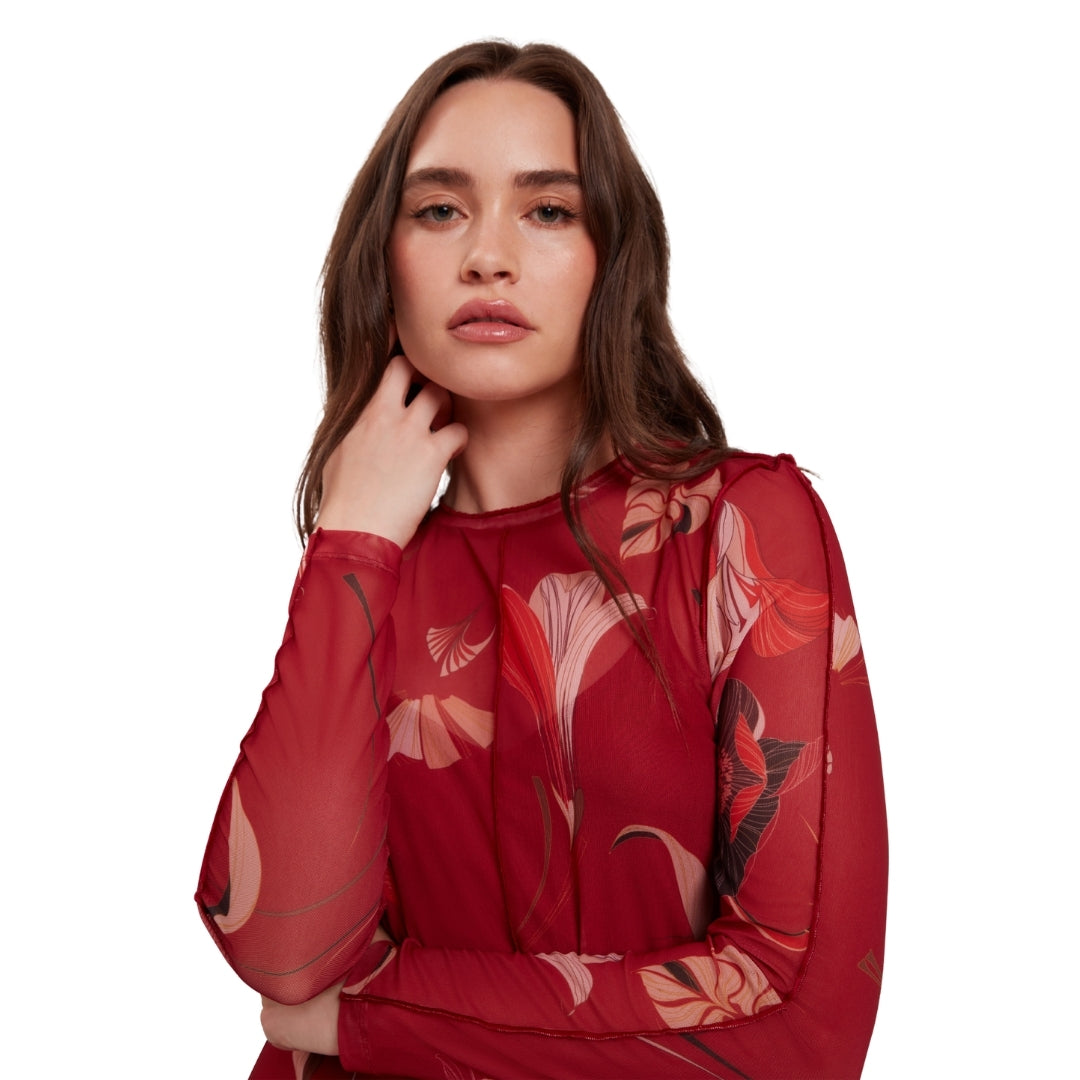 Ted Baker Mesh Long Sleeve Printed Midi Dress