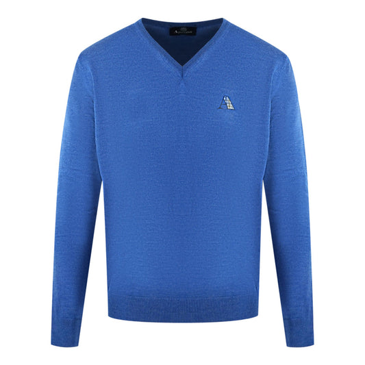 Aquascutum Check A Logo Blue V-Neck Jumper