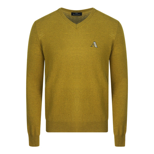 Aquascutum Check A Logo Dark Yellow V-Neck Jumper - Nova Clothing
