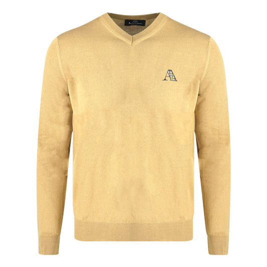 Aquascutum Check A Logo Beige V-Neck Jumper - Nova Clothing