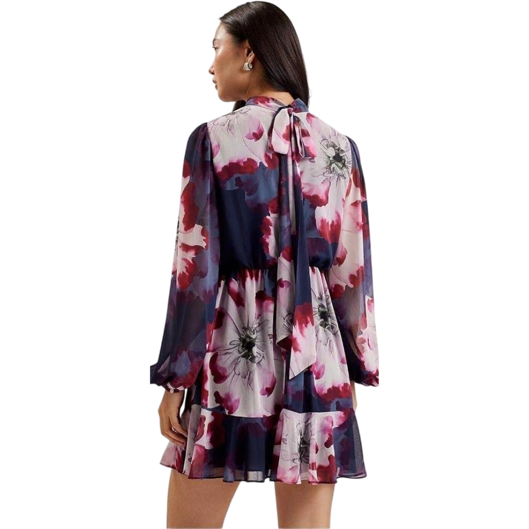 Ted Baker Aracely Printed Long Sleeve Navy Neck Tie Dress