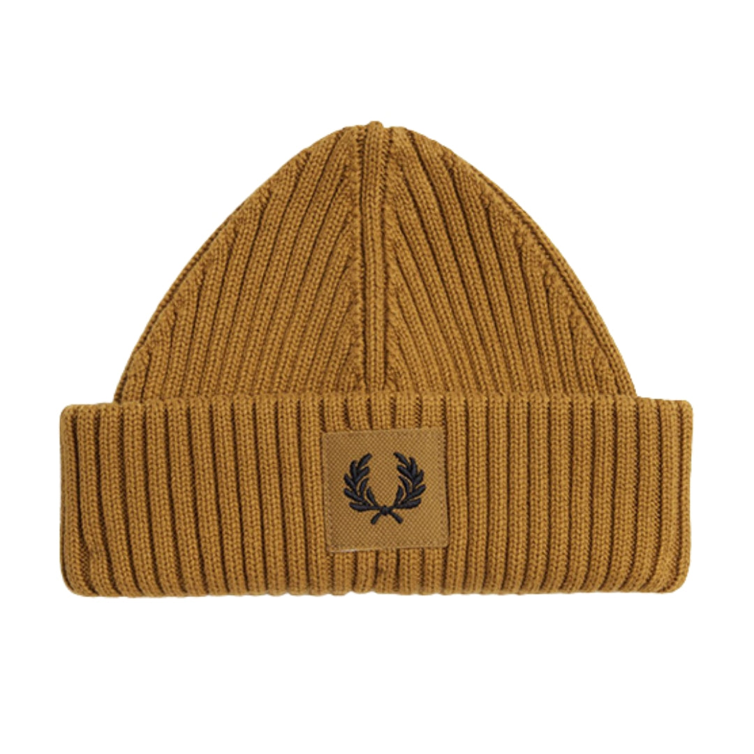 Fred Perry Branded Patch Dark Caramel Ribbed Beanie 1SZ