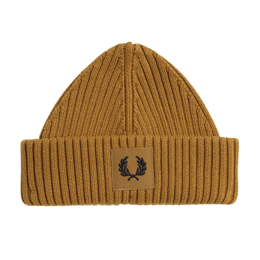 Fred Perry Branded Patch Dark Caramel Ribbed Beanie 1SZ