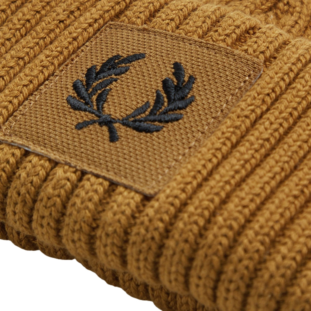 Fred Perry Branded Patch Dark Caramel Ribbed Beanie 1SZ