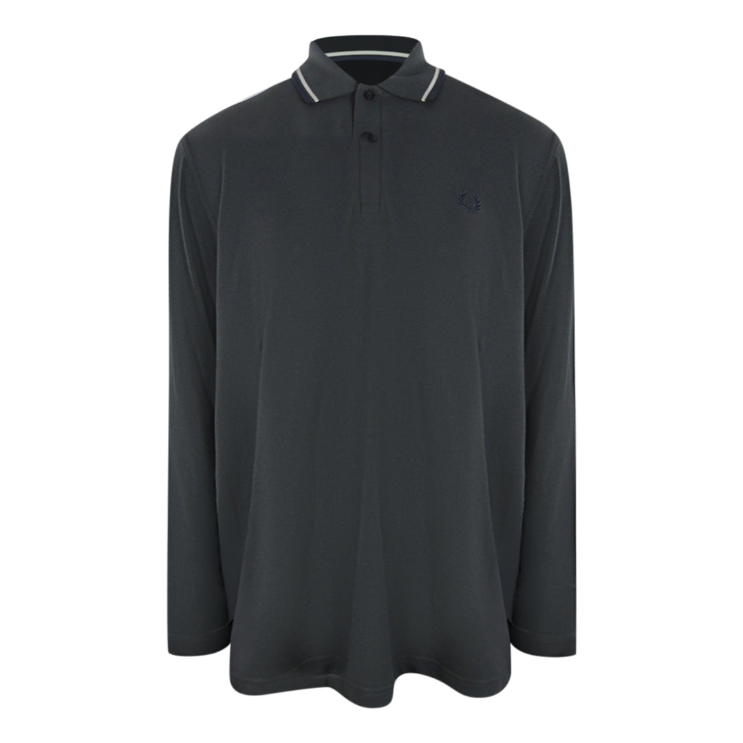 Fred Perry White Twin Tipped Collar Gunmetal Grey Long Sleeve Polo Shirt