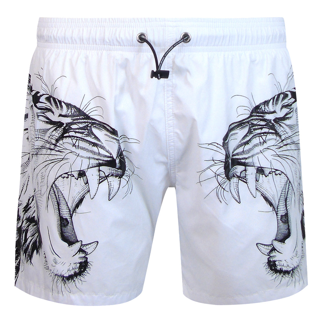 Plein Sport Double Tiger Logo Medium Boardshort White Swim Shorts