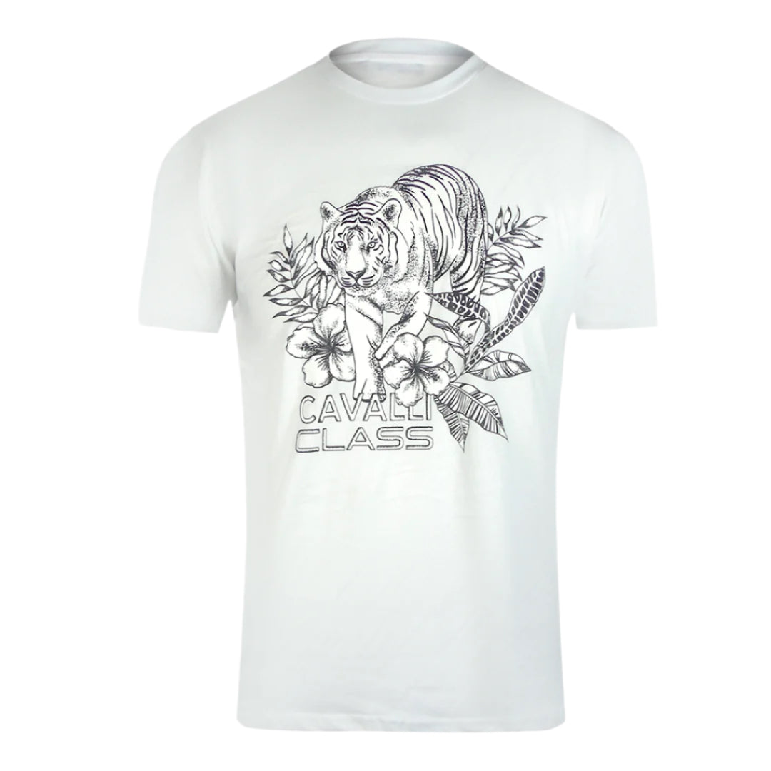 Cavalli Class Tiger Floral Logo White T-Shirt