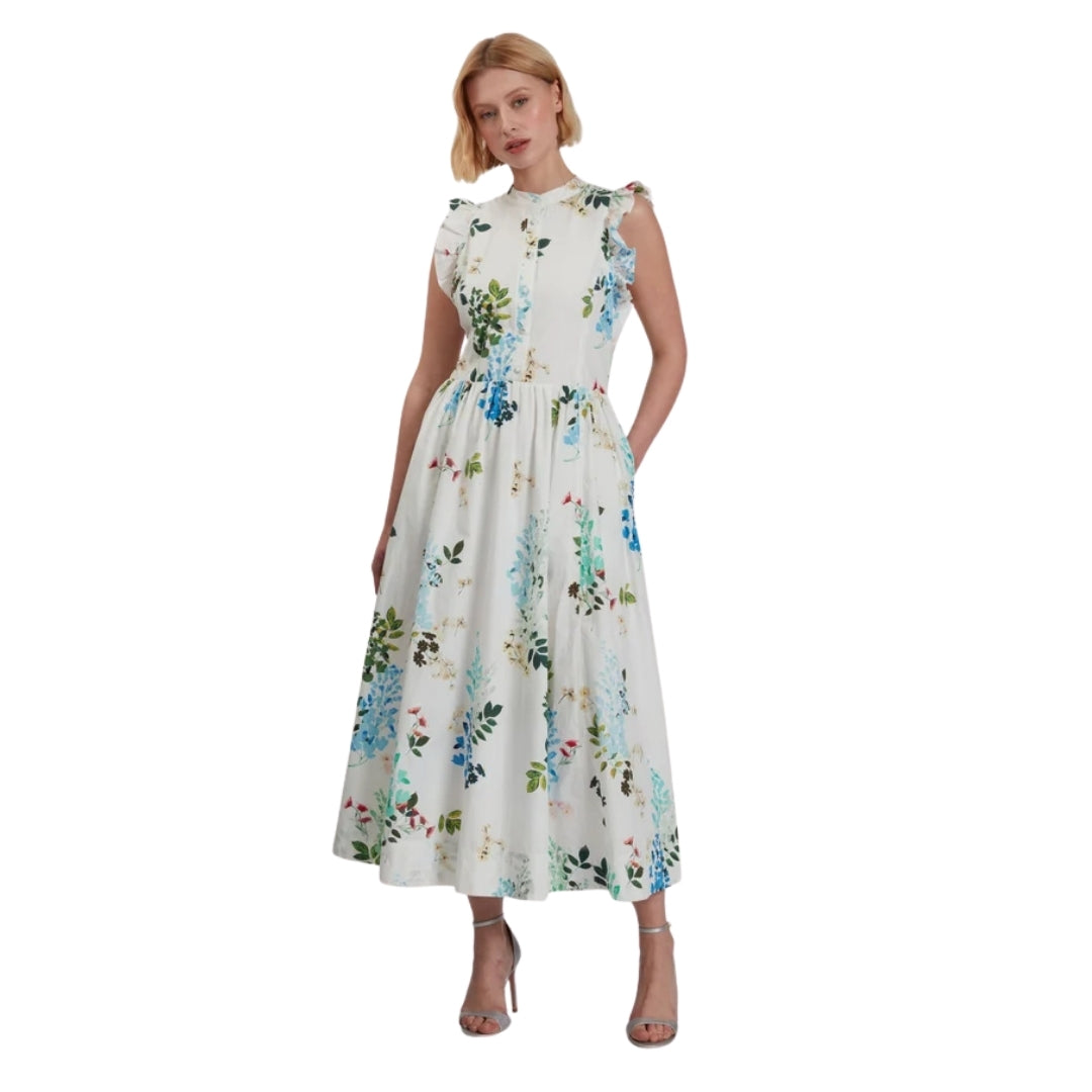 Ted Baker Giolia Cotton Printed Sleeveless White Midi Dress