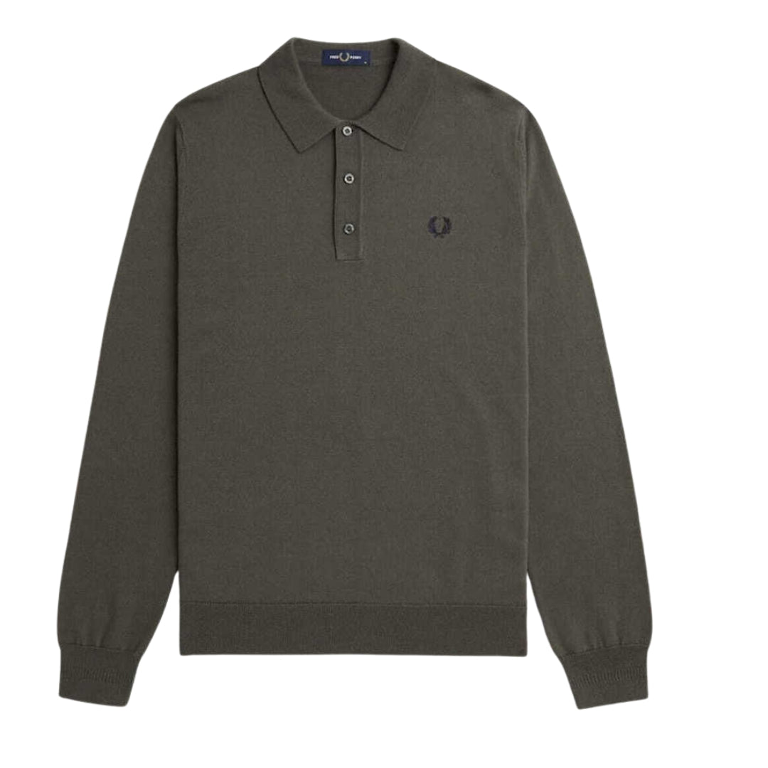 Fred Perry Plain Field Green Long Sleeve Knitted Polo S
