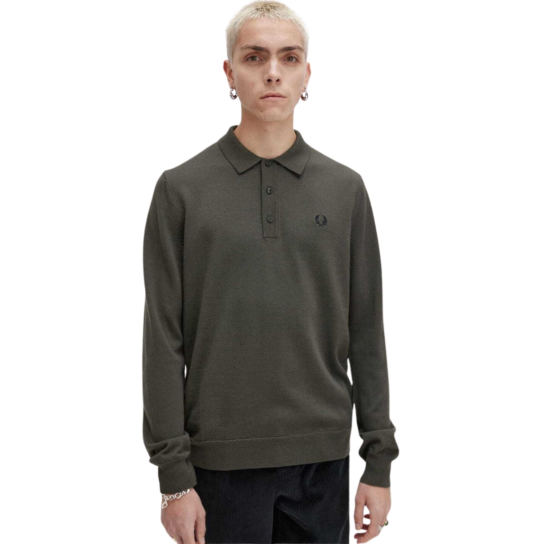 Fred Perry Plain Field Green Long Sleeve Knitted Polo S